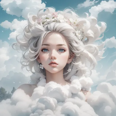 Beautiful fluffy clouds with overlapping head and face for girls，Stylized abstract portrait close-up of beautiful girl，Clouds bl...