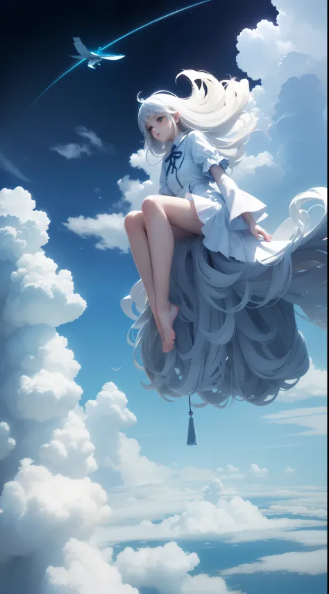 (a girl sitting on thebeautiful fluffy clouds,Feet entangled in clouds and mist,girl body made up of cloud:1.25),(Cowboy shot,above knee portrait:1.25),Aerial view,Concept art,sky,windy,beautiful fluffy clouds,anime,flowers,surrealism painting,ultrafine br...