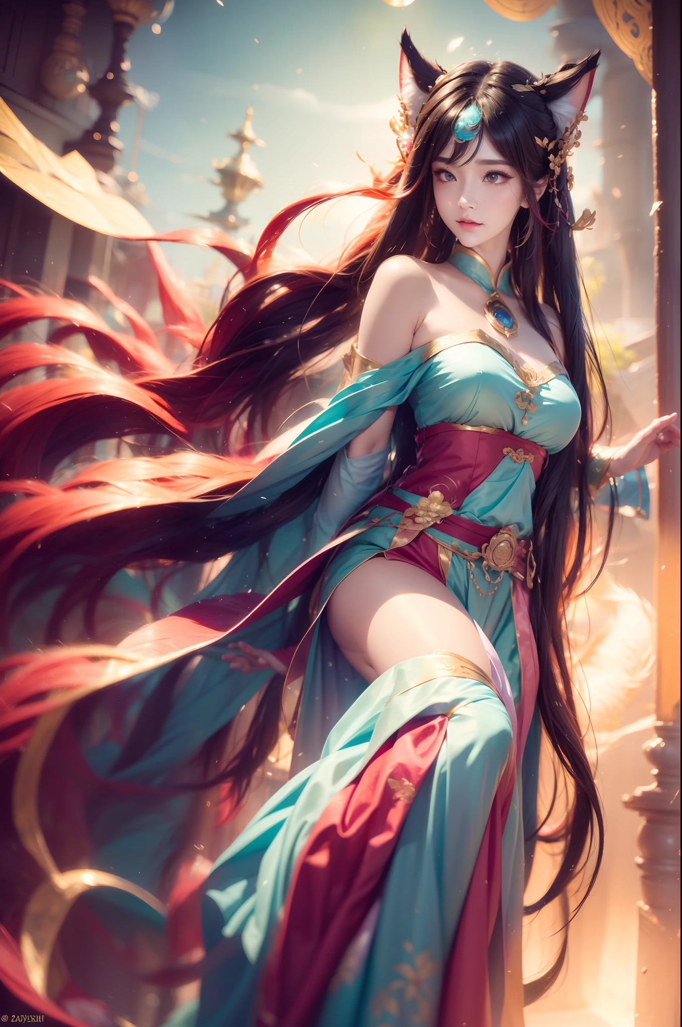 1girl，Costume with cat ears and cat tail, ahri, by Yang J, trending on cgstation, portrait of ahri, ahri from league of legend, Ruan Jia and Artgerm, Artgerm and Ruan Jia, Guviz-style artwork, Guviz, full-body xianxia