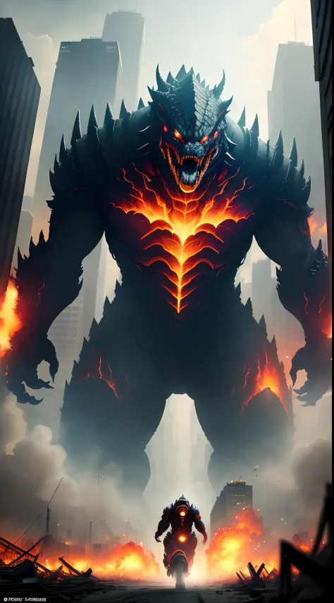 (huge, towering, colossal, massive) kaiju emerges from the depths of the ocean, relentlessly (devouring, crushing, demolishing) everything in its path. The monstrous creature's (shimmering scales, rugged hide, impenetrable armor) glisten under the (intense...