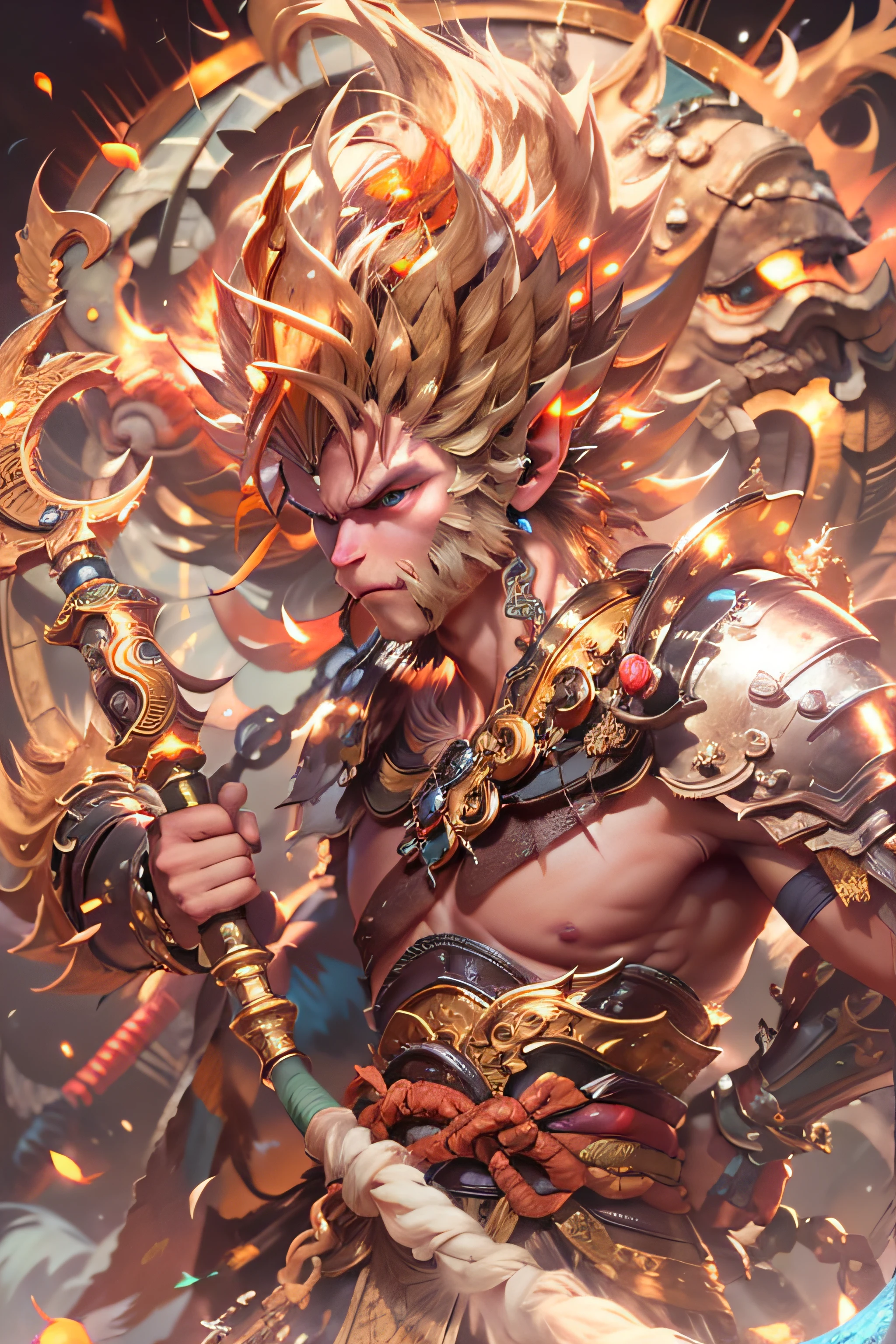 (masterpiece, best details), mythical creature, sun wukong, golden hair, wear golden circlet, wear traditional garb armor, holding staff resting on his shoulder