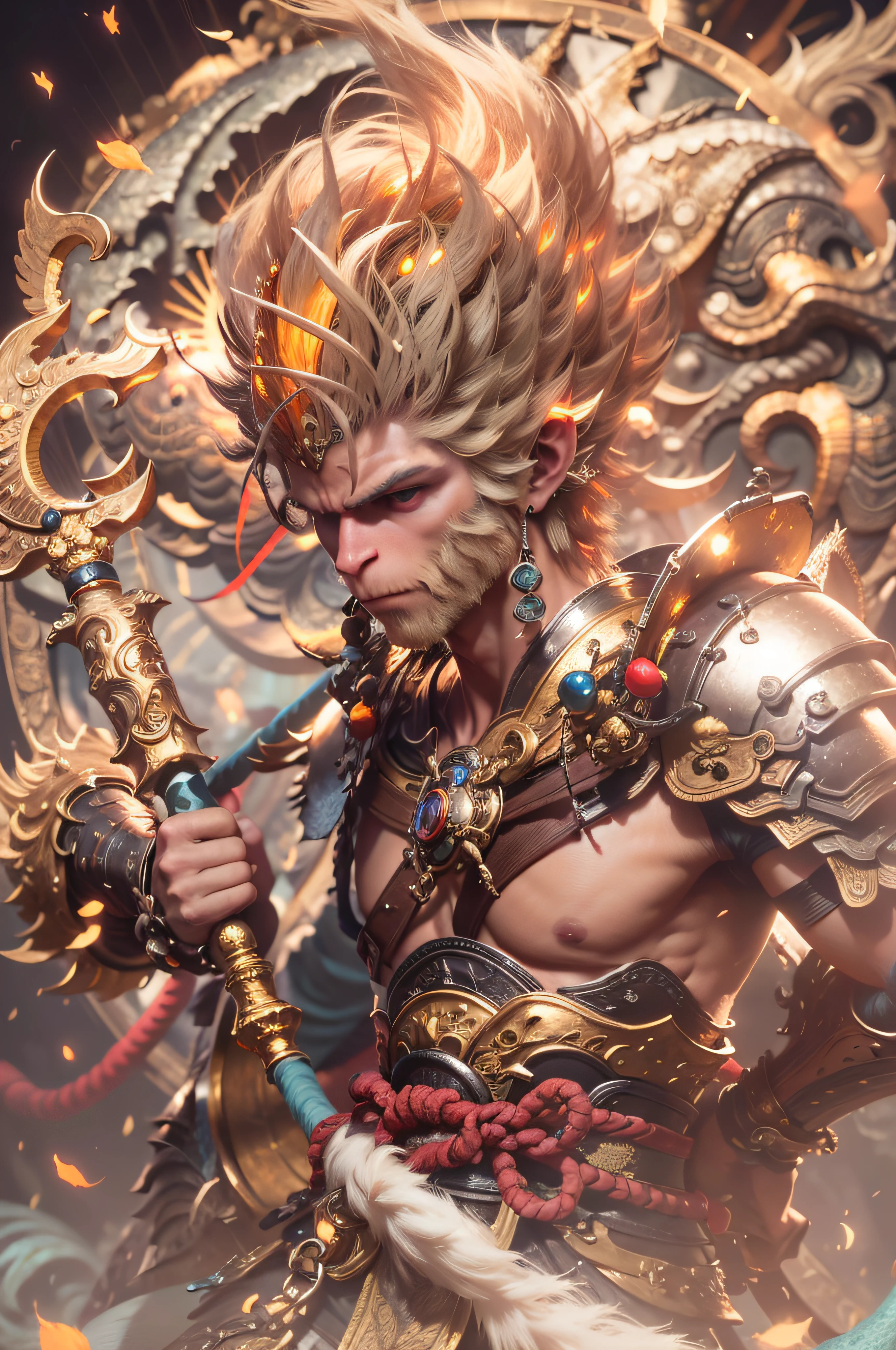 (masterpiece, best details), mythical creature, sun wukong, golden hair, wear golden circlet, wear traditional garb armor, holding staff resting on his shoulder