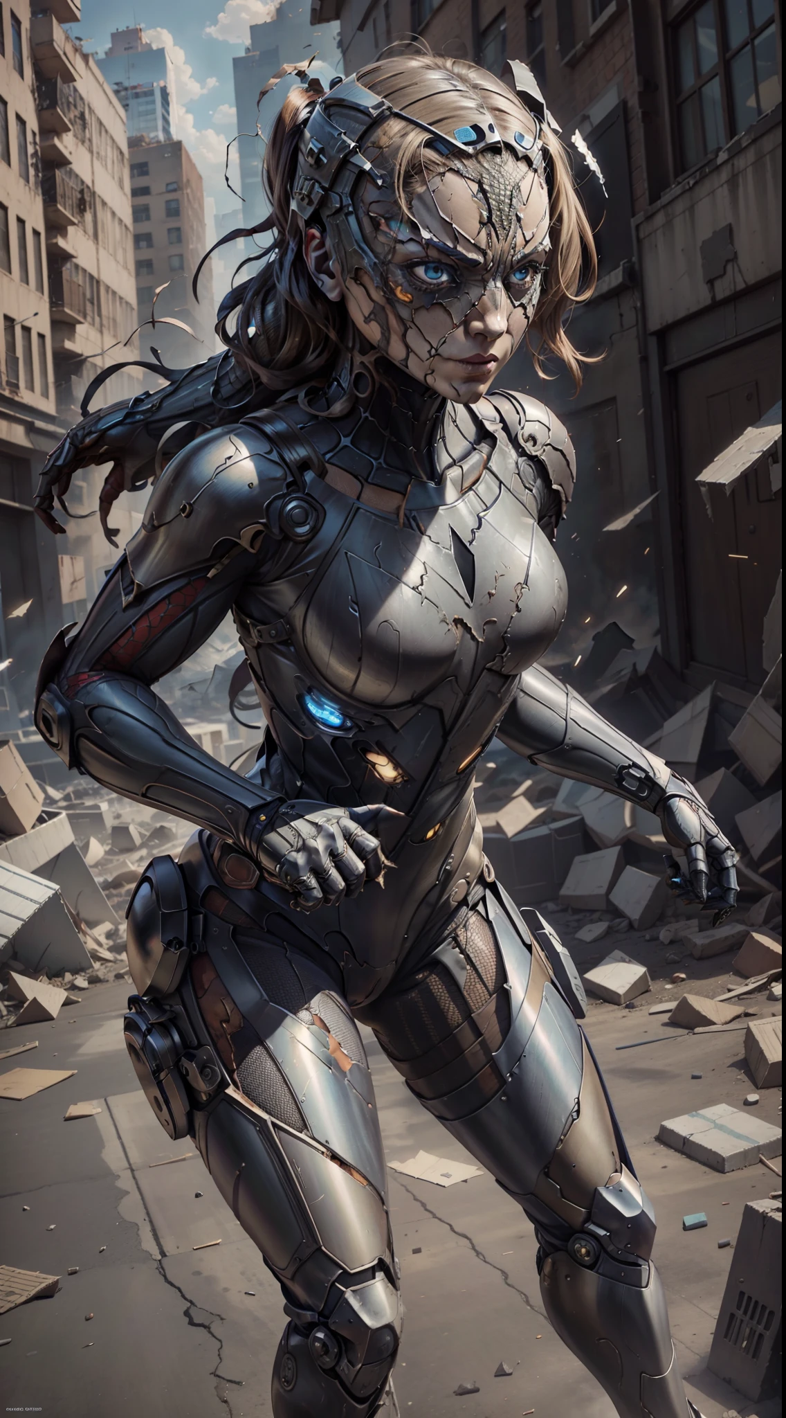 超現實的漫威蜘蛛女穿著損壞和撕裂的損壞裝甲服