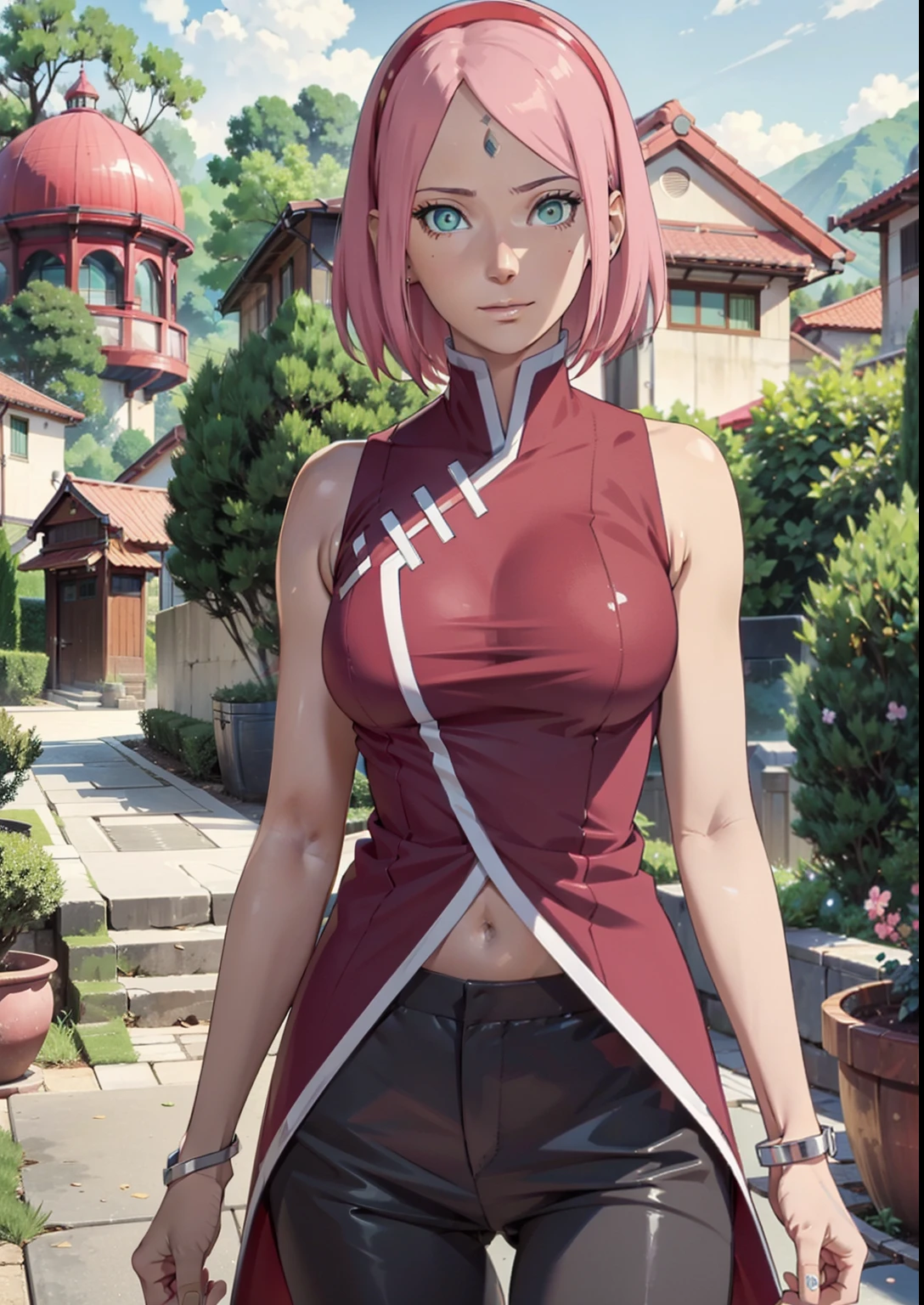 Sakura Haruno,1 rapariga,little breast,Perfect body,a narrow waist,Sexy body,light pink colored hair,Green eyes,symetrical face,Sharpness,foco nítido,extremely detailed outfits,Cute smile,looking at viewert,pause,erect through,Beautiful garden in the background,Deep blue diamond on forehead,black glove,redhairband,Red sweatpants,White and red tight vest,Sleeveless,Shorten the vest,full bodyesbian,full-body portraits,