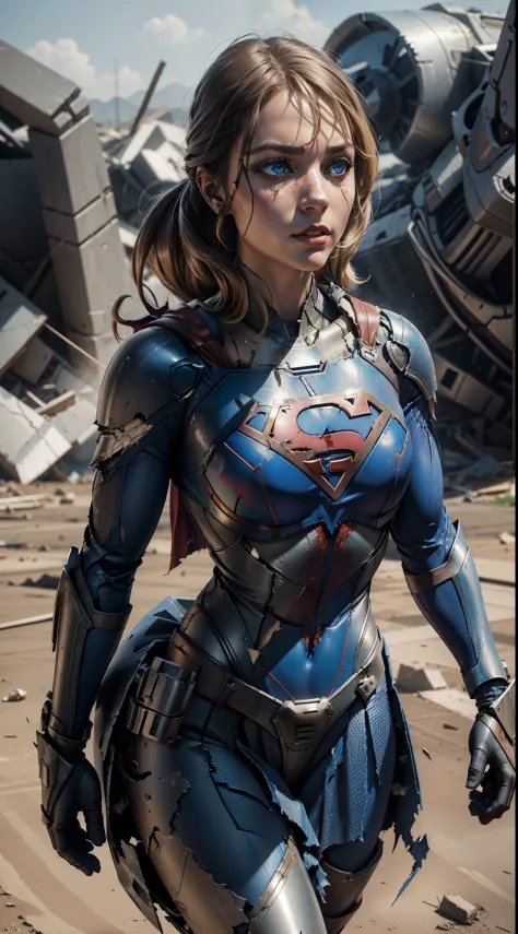 Ultra Realistic DCs Supergirl in Damaged and torn Damaged Armored Suit