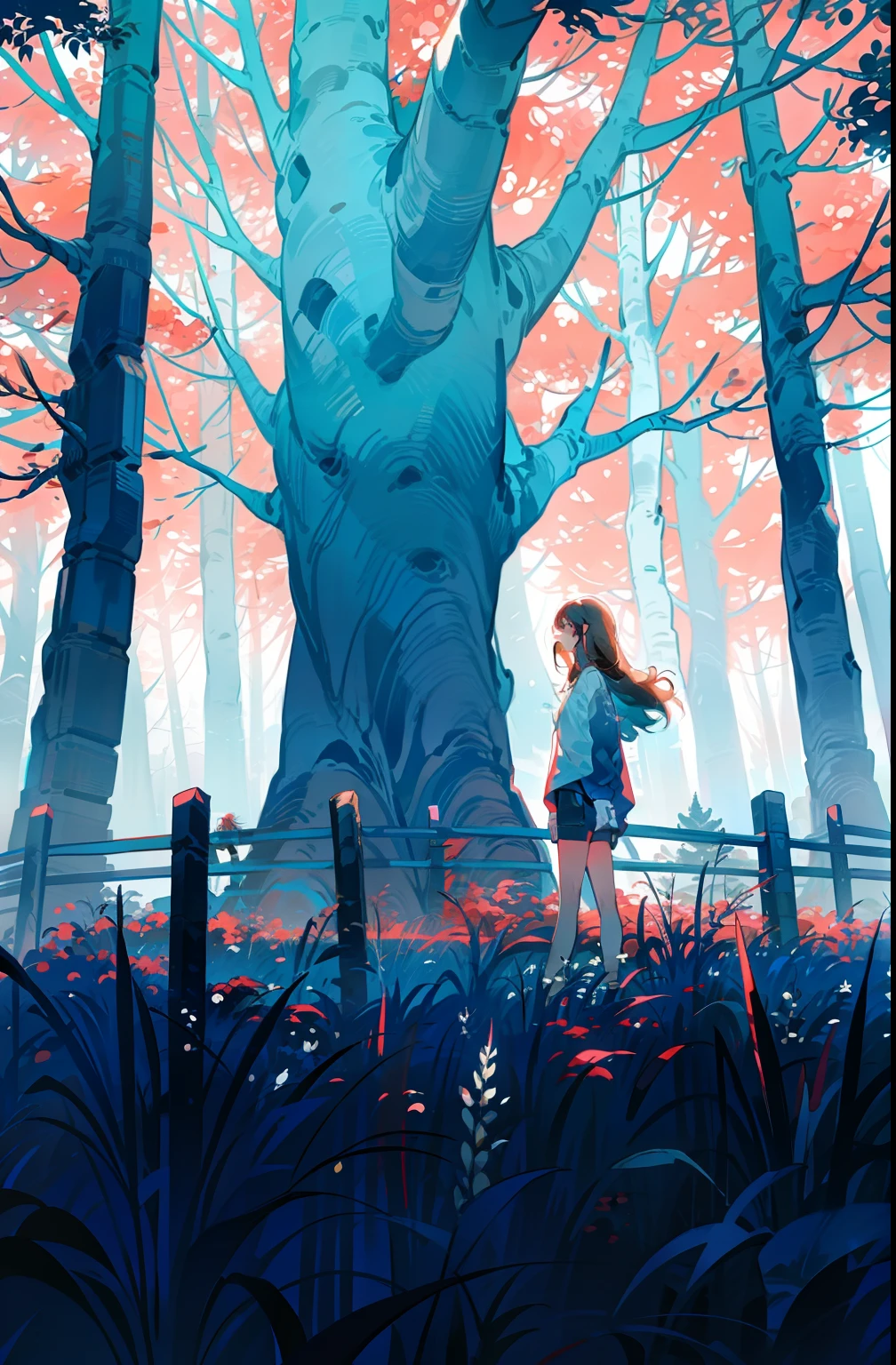 1 garota, Céu, árvore, cenário, cabelo longo, de pé, camisa, shorts, ternura,tema azul