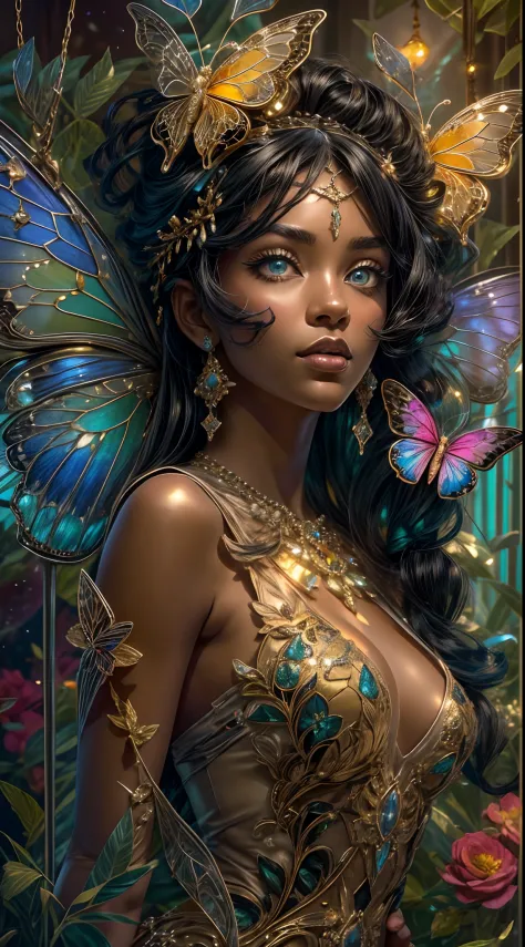 This is an elegant and ornate fantasy masterpiece with a lot of shimmer, glitter, and intricate ornate detail. Generate a petite Jamaican woman resting on a gilded and flowered garden swing at night. Her eyes are ultra-detailed with intricate realistic sha...