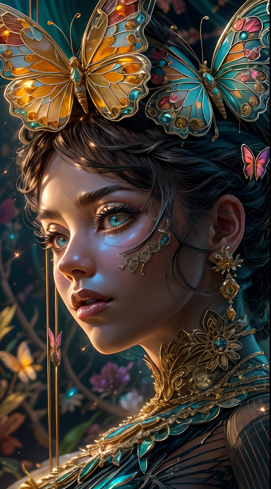 This is an elegant and ornate fantasy masterpiece with a lot of shimmer, glitter, and intricate ornate detail. Generate a petite Jamaican woman resting on a gilded and flowered garden swing at night. Her eyes are ultra-detailed with intricate realistic shading and bold, bright hues. She is a beautiful and seductive butterfly queen with stunning curly black hair, (((incredibly realistic and detailed dynamic eyes in bright colors with realistic shading))). She wears a delicate and elegant crown and a gown spun from luxurious gossamer silk and satin with subtle, intricate, and hand-embroidered bodice detailing as well as subtle floral detailing and gold silk butterfly sleeves. Her face is lovely and lonely. Include glow-in-the-dark flowers, lots of particles, highly realistic fantasy butterflies with translucent jewel-toned wings and fine detailing, and glow. The artwork is done in the style of Guviz and brings to mind masters in the genre such as trending fantasy works on Artstation and Midjourney. Camera: Utilize dynamic composition techniques to emphasize etherealness and delicate detail. The colors in this artwork are saturated, romantic, and rich.