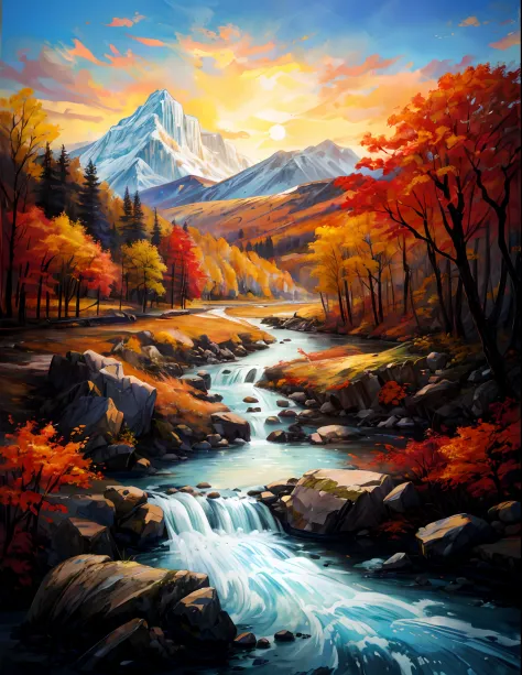 painting of a mountain stream with a waterfall in the foreground, vibrant gouache painting scenery, autumn mountains, scenery ar...