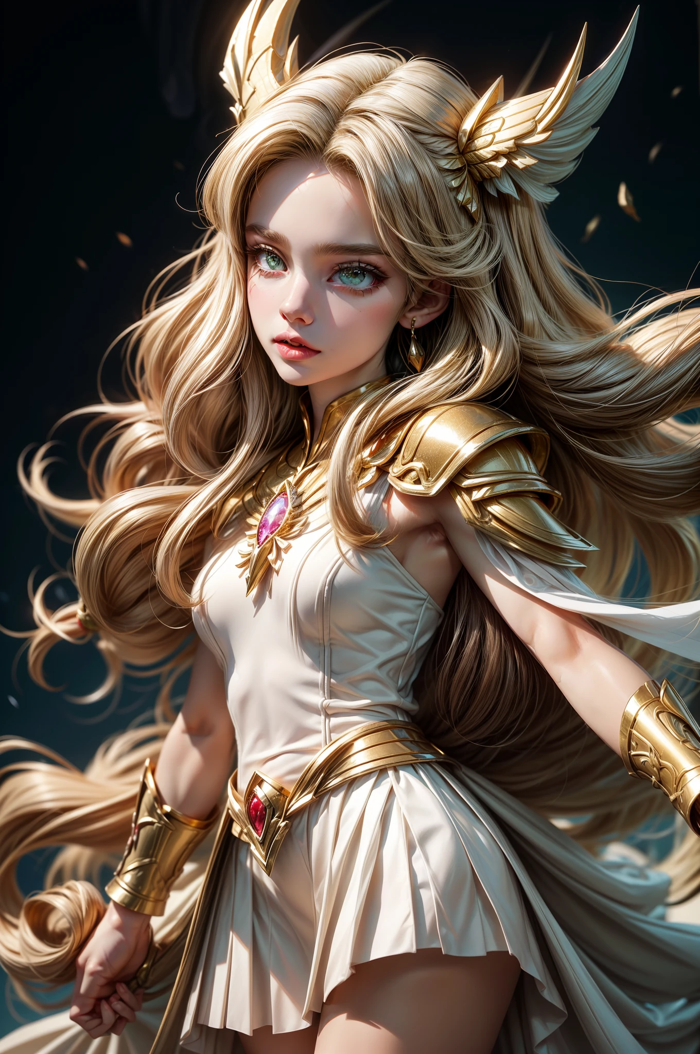 She-ra, the princess of the power, long hair, wonderfull woman, blonde hair, warrior woman, , angel face, short white skirt, cloth, leather clothing, volumous hair, delicate face, full realistic, clothes with gold details, intricate details in clothing, light projecting from left, detailed shadow, she-ra, brave woman, She-ra, the princess of the power must be preparing for battle, sword wielding, very long flowing hair, outfits like the she-ra cartoon, light and shadow, without wings, gold tiara on the head, white clothes, green eyes, no-wings, lots of gold details on the outfit, platinum hair