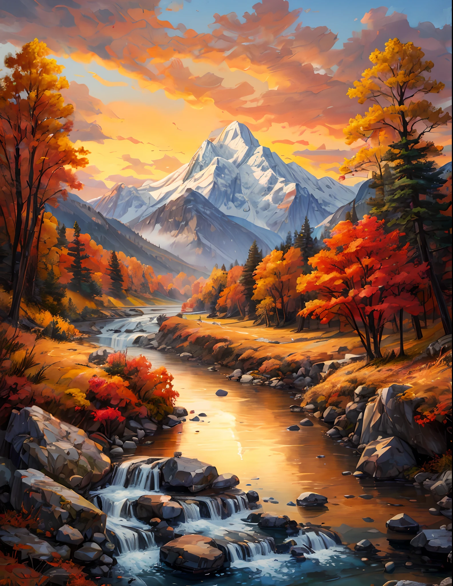 painting of a mountain river with a waterfall and a mountain in the background, autumn mountains, scenery art detailed, detailed painting 4 k, scenery artwork, mountains river trees, majestic landscape, beautiful art uhd 4 k, highly detailed digital painting, vibrant gouache painting scenery, digital painting highly detailed, dramatic autumn landscape, detailed digital painting, detailed landscape, epic beautiful landscape