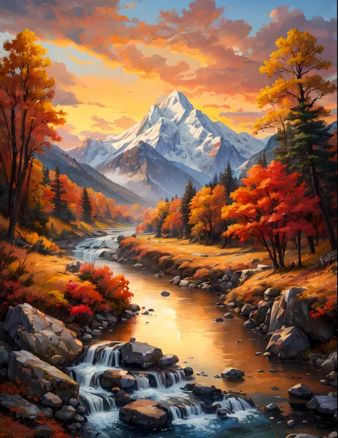 painting of a mountain river with a waterfall and a mountain in the background, autumn mountains, scenery art detailed, detailed...