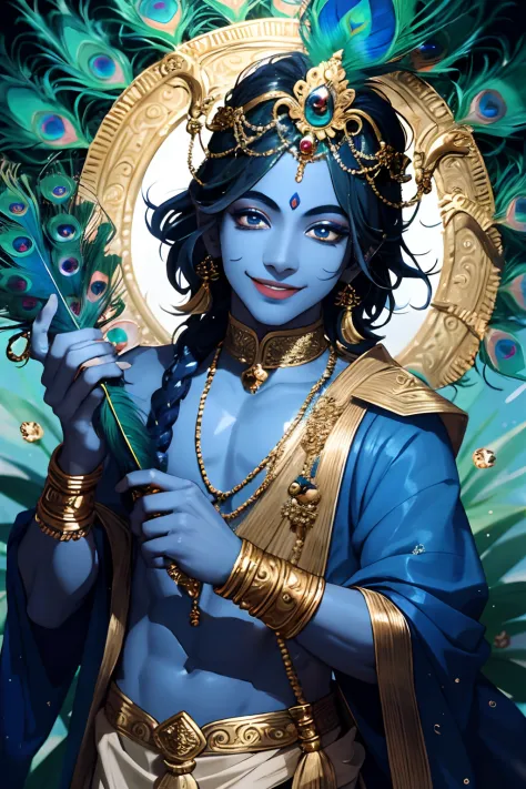 Krishna , loving man , beautiful glitter eyes , blue skin tone , smiling , divine nature, holding flutes in his hands, peacock f...