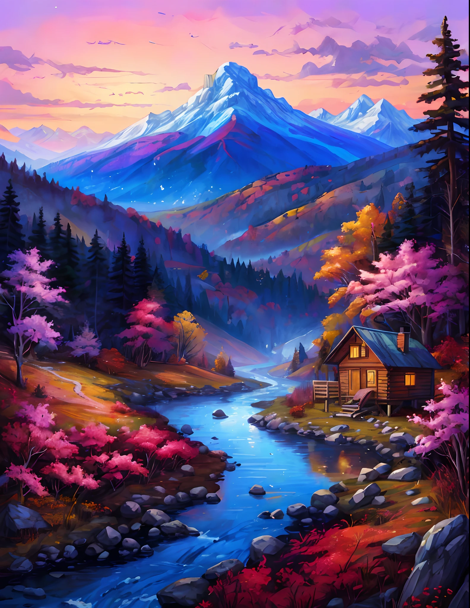 小屋と小川のある山の風景を描いた絵画, 詳細な絵画 4k, 美しいアート UHD 4K, 風景画 詳細, 豊かな絵のような色彩, 鮮やかなグアッシュ画の風景, 色彩豊かな風景画, 驚くほど色鮮やかな風景, 秋の山, 風景画, 夢の風景アート, 魔法のような風景, 色彩豊かで細部までこだわった, 風光明媚な色彩豊かな環境, 穏やかな風景