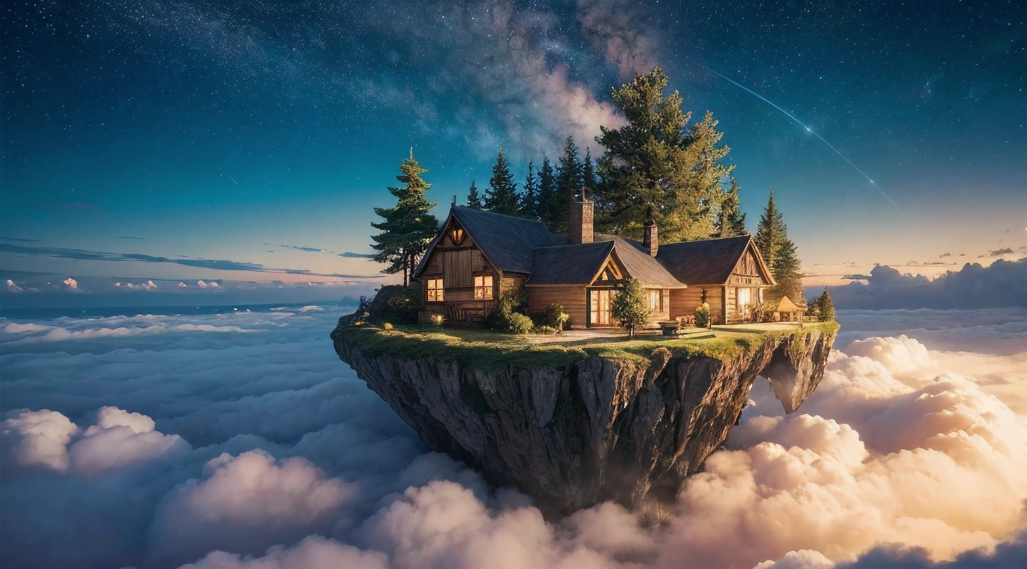 the island flying in the clouds, (best quality, 4k, 8k, highest, masterpiece:1.2), ultra-detailed, (realistic, photorealistic, photo-realistic:1.37), dramatic lighting, dreamy color tones, vivid colors, fluffy white clouds, shimmering stars, enchanting atmosphere, whimsical style, ethereal human figure, majestic tree, cozy cottage, magical ambience, moonlit glow, tranquil night scene, mystical elements