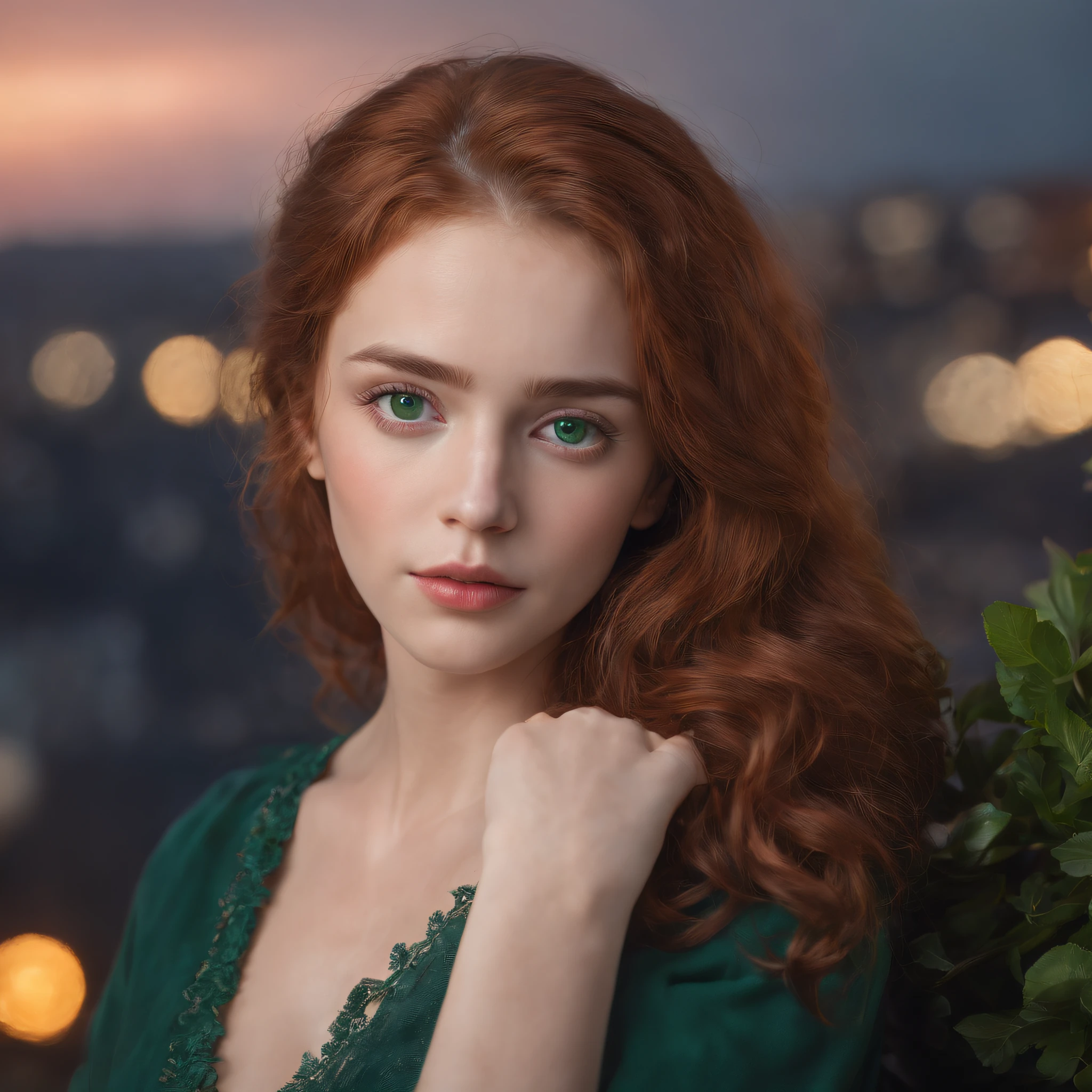 ((Masterpiece), best quality, HDR,UHD,8K), life-like realistic portrait of a beautiful sad girl with green eyes , curly red hair, white skin, feeling sadly with tears in her eyes, a black bracelet on her hand ,full body, standing on roof of a high apartment with a view of a big city, a light breeze, late at night ,dark sky, hyper resolution, extremely detailed , beautiful eyes