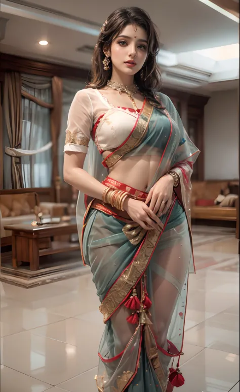 Indian look erotica look hot bhabhi transparent saree nude red panty big ass 8k photography