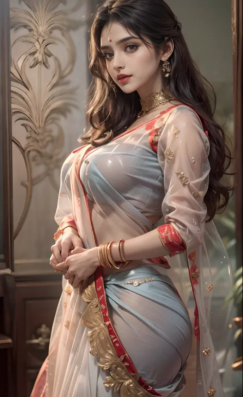 Indian look erotica look hot bhabhi transparent saree nude red panty big ass 8k photography