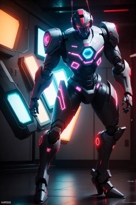 futuristic full body style robot, bad, red lighting battle pose, realista, hyperdetalhado 4k, neon lighting, cores vividas