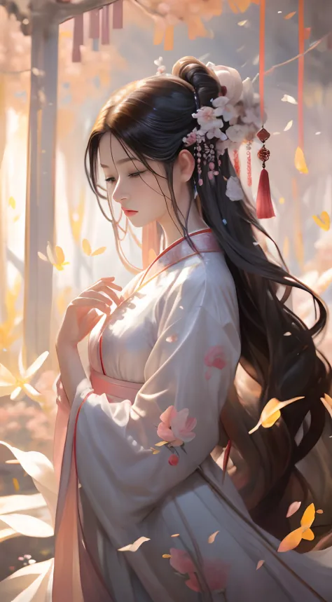 Light pink peach blossom forest，A woman in a plain white dress sits on a swing，Petals all over the ground，Lady wearing plain whi...