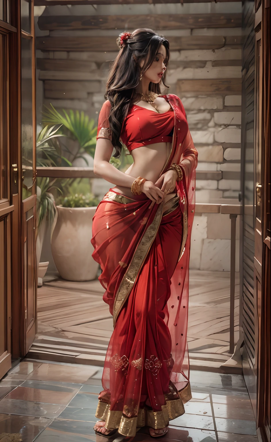 A woman in a red sari standing in a doorway - SeaArt AI