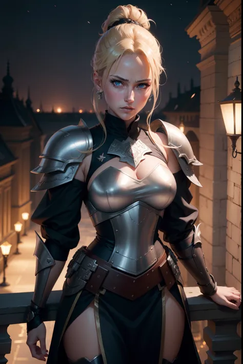 8k realistic image of a beautiful woman, with light eyes, blonde hair tied in a bun, dressed in black RPG Warrior clothes and shoulder pads, serious expression, on an external balcony of a royal palace, Night, anime style art