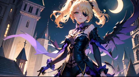 1 girl solo, blond hair ponytails, dark purple goth dress, long black gloves, ((eyepatch)), fullbody, standing on top of the got...