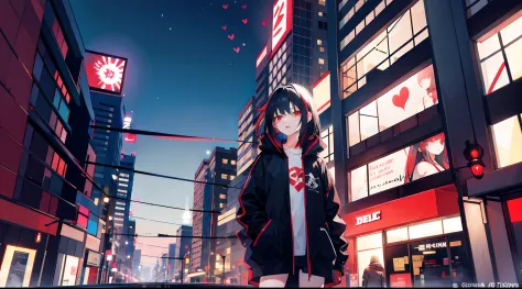 A  girl, black hair, red hair ends, night city, cry, Heart tattoo, Buildings with anime advertising