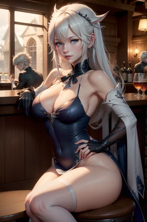 anime characters sitting at a bar with a glass of wine, artoria pendragon, granblue fantasy, in the pub, at a bar, from bravely default ii, in a pub, characters from azur lane, sitting at the bar, hd screenshot, tavern background, in fantasy tavern near fi...