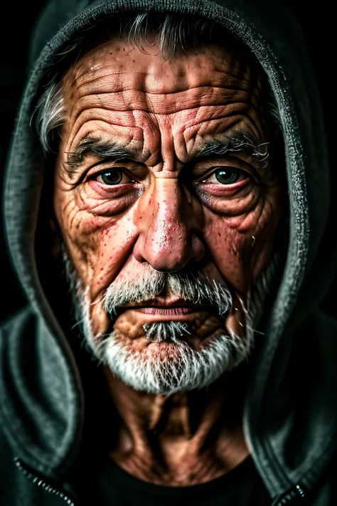 pretty elderly man, piercing and serious look, very realistic, with hood, hiding part of the face, in the dark with low light, i...