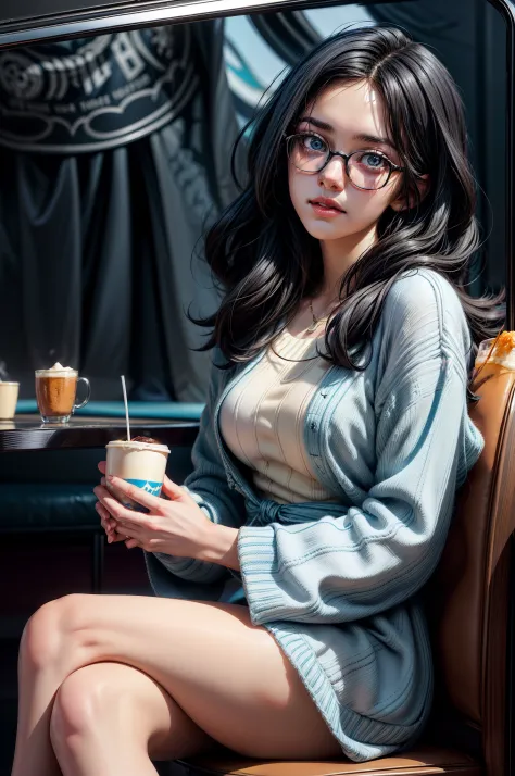 cute girl in blue dress black hair black wayfarer glasses sitting psychedelic patterns inside cafe holding cup of coffee with ba...
