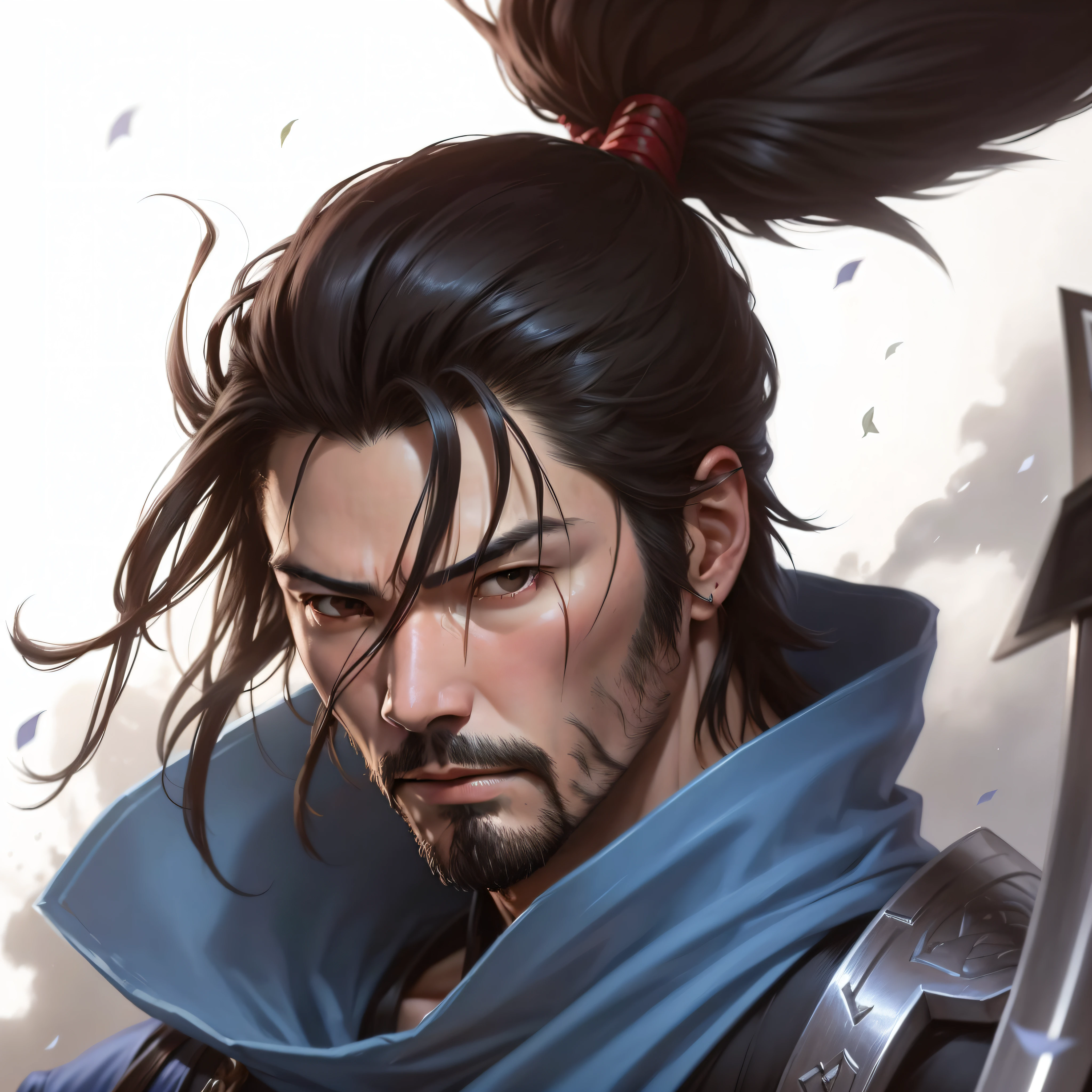 A close up of a man with a long hair and a sword - SeaArt AI