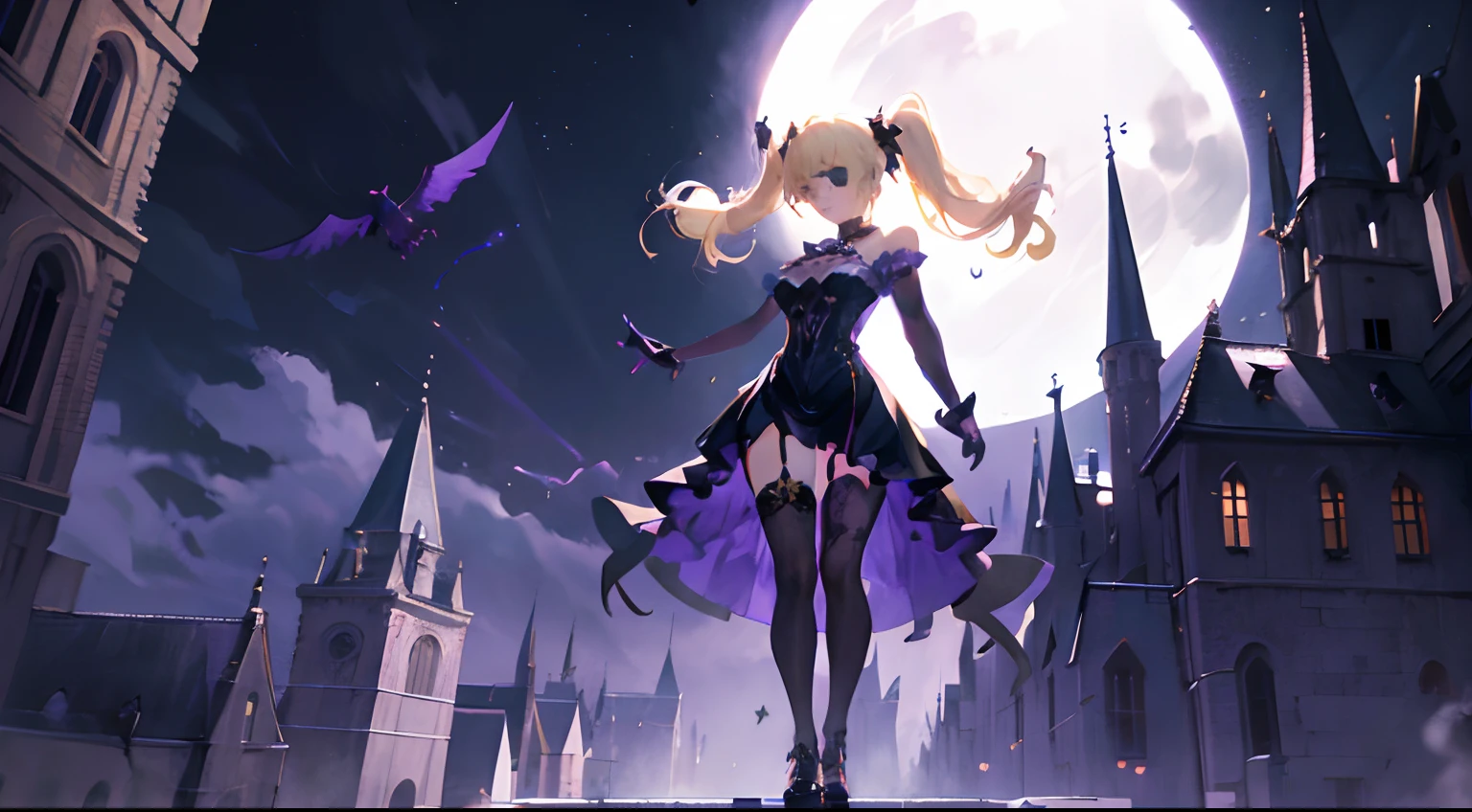 1 girl solo, blond hair ponytails, dark purple goth dress, long black gloves, ((eyepatch)), fullbody, standing on top of the gothic castle tower, night, moonlight, cinematic shot, dramatic, vibrant colours, raven flying near her