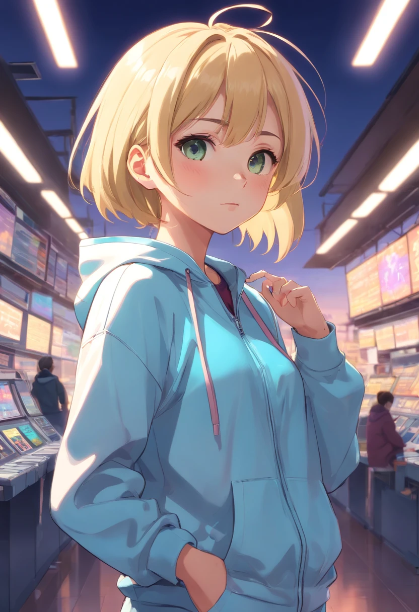 A woman in a blue hoodie stands in a store - SeaArt AI