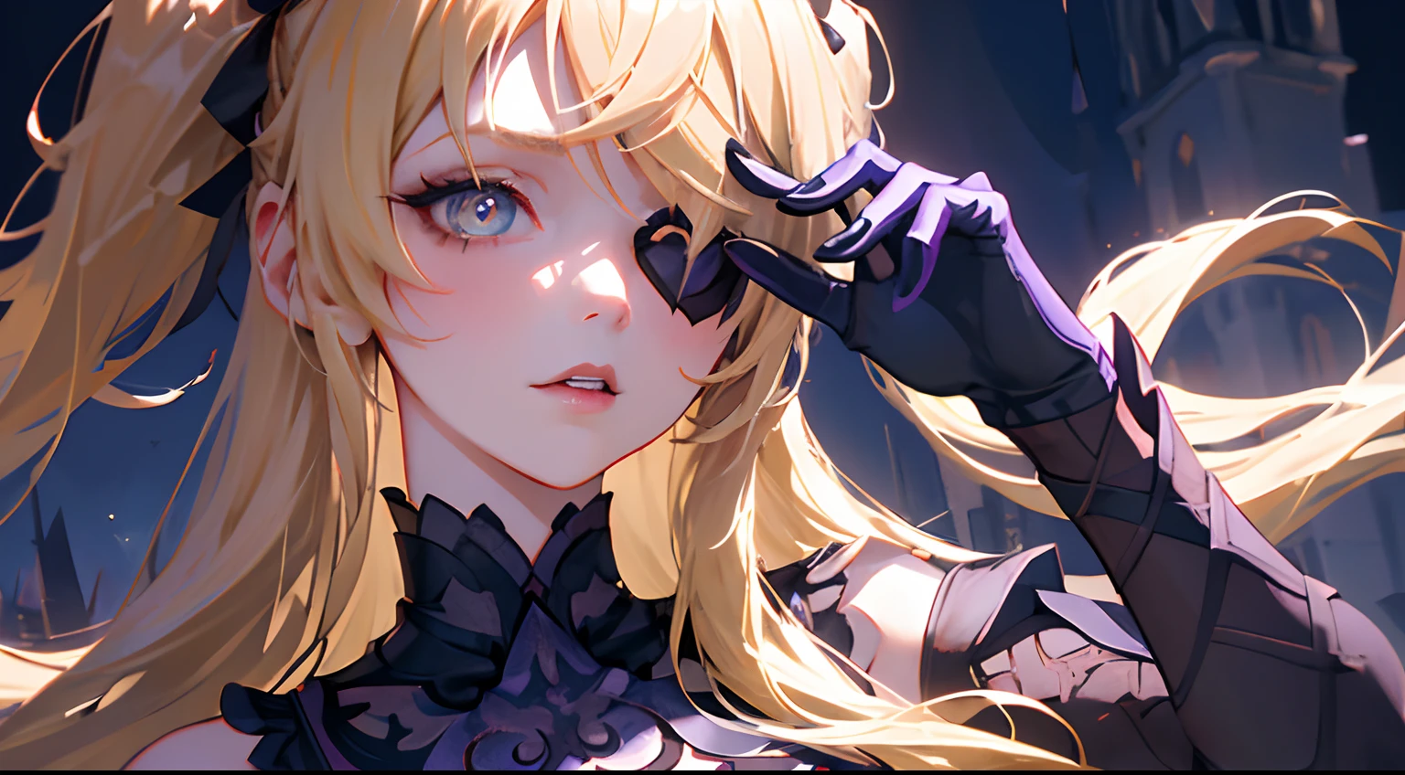 1 girl solo, blond hair ponytails, dark purple goth dress, long black gloves, ((eyepatch)),  standing on top of the gothic castle tower, night, moonlight, cinematic shot, dramatic, vibrant colours, ((portrait face closeup))