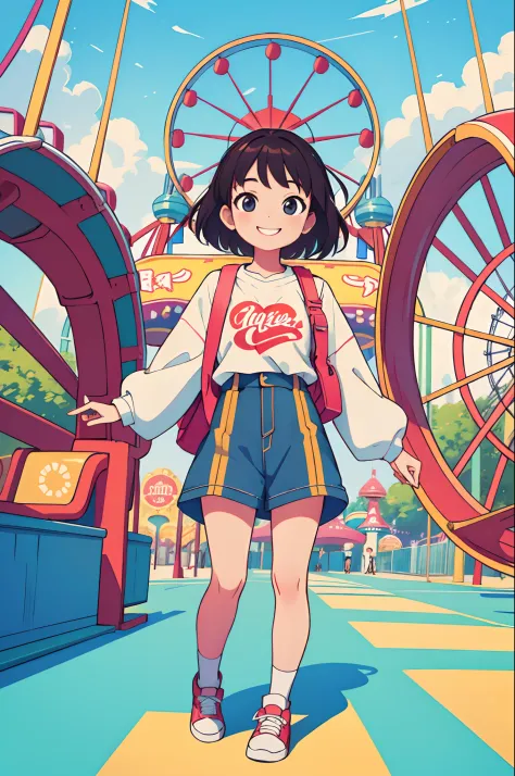 masterpiece,best quality,1girl, amusement park, standing,smile,dynamic,lookin at viewer