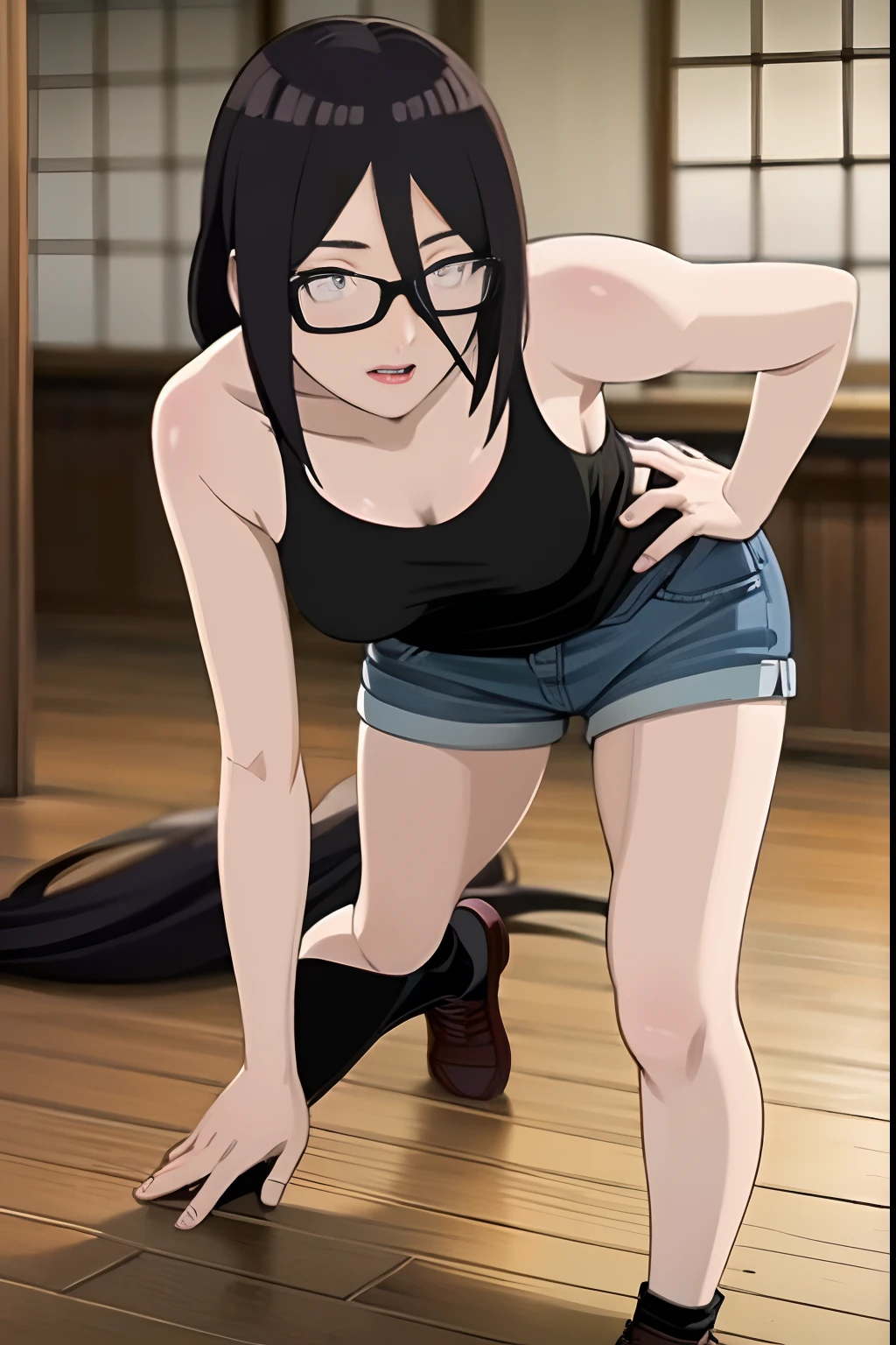 Anime girl in short shorts and black tank top bending over - SeaArt AI