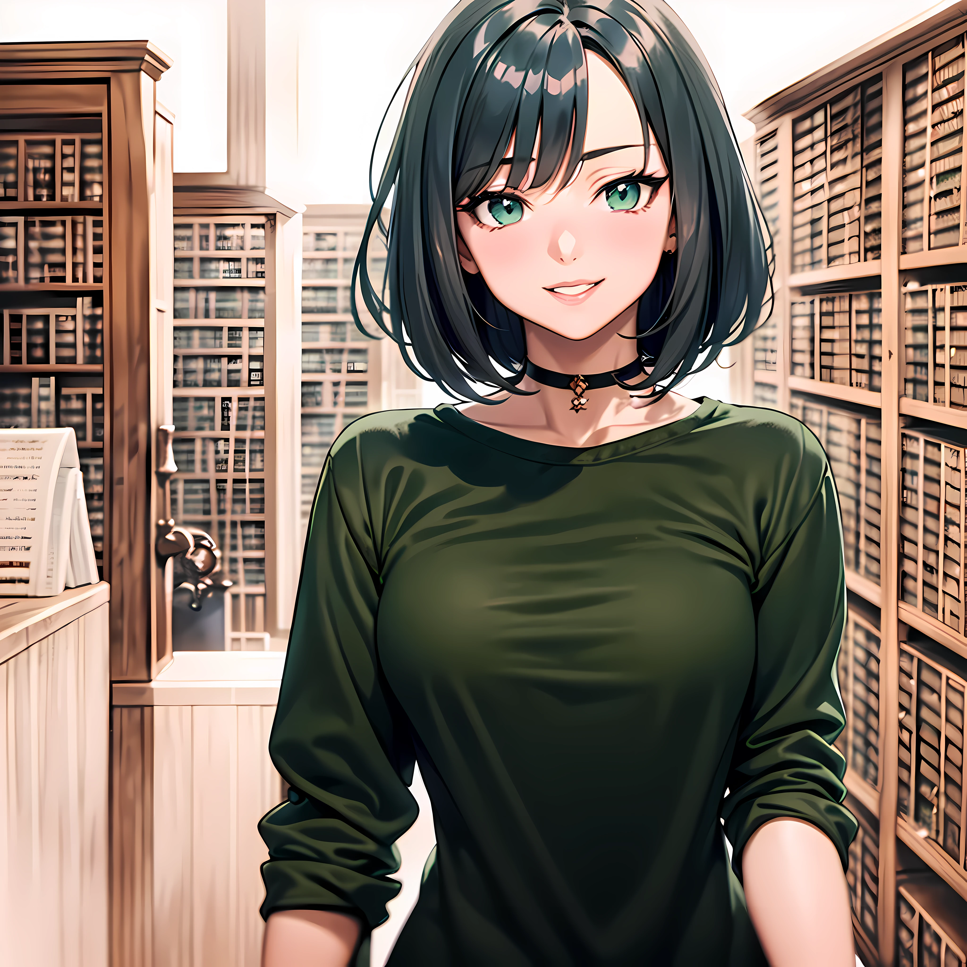 ((1girl:2)), ((solo)),((ultra sharp)),(((masterpiece))), (((best quality))), ((ultra-detailed)),((in library:2)), (highly detailed CG illustration), ((an extremely delicate and beautiful)),((From slight side)),((Near-black, deep muted dark green t-shirt:1.5)), ((Very dark green t-shirt:1.5)),((plain t-shirt:1.5)),(long sleeves:1.5),(Casual T-shirt), (The side of one arm is visible),(very loose T-shirt:1.2), (plain t-shirt), upper body,portrait of an anime girl, t-shirt,dark gray hair, (short hair), (dark green eyes:1.3), (straight hair:1.2),looking at viewer,smiling,bad-girl,mature female, anime girl with short hair, ((medium breasts:1.3)), cute natural anime face, detailed anime soft face, cute anime face, flat anime style shading, face anime portrait, made with anime painter studio, semirealistic anime style, perfect anime face, extremely cute anime girl face, high detailed face anime, pretty anime face, semi realistic anime, detailed anime face