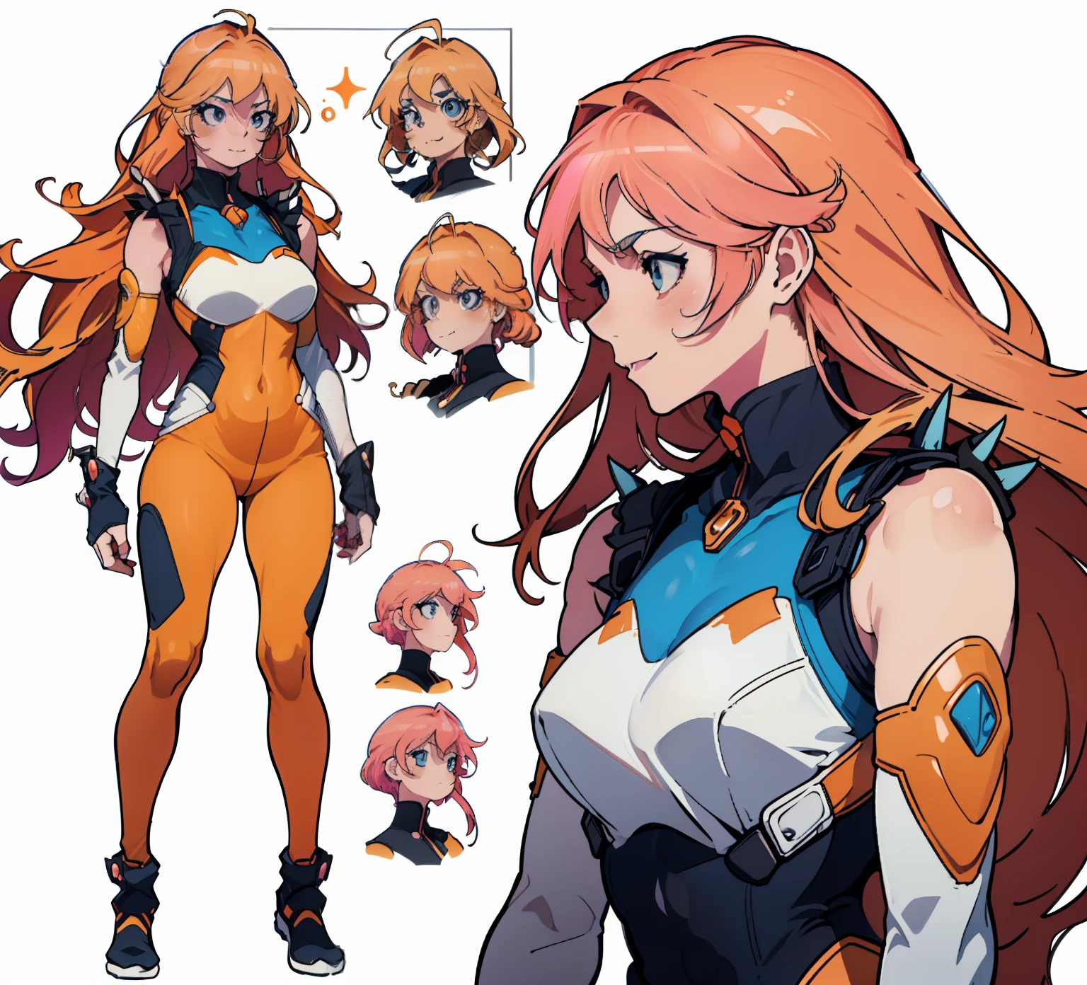 ((Best Quality)), ((Masterpiece)), ((Realistic)) tsuka kendou, 1woman, cute face, determined look, smile, long legs, full body, adult mature female (spiky orange-pink hair, (orange-pink mullet 1.1)), (very long hair), blue eyes, (white/yellow pupil,) hero, sleeveless blue spandex bodysuit, long orange-pink rabbit ears, desert oasis, tbcc illustration (((detailed character sheet, frontal view, side view, three quarter view))) (((white background))) 8 and a half heads full body