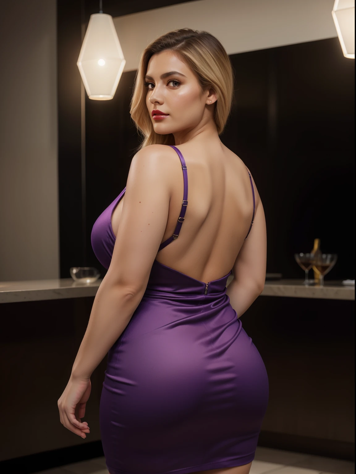 Una mujer con un vestido morado posando en un baño - SeaArt AI