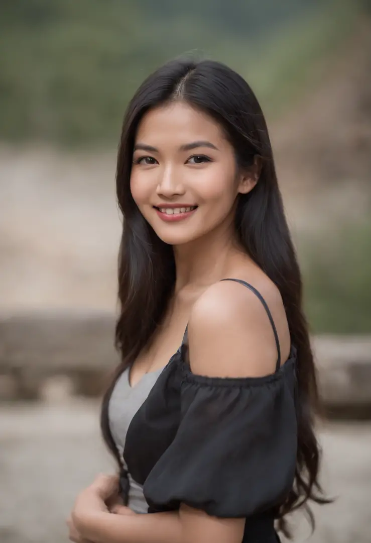 Photography of a cute bhutanese  woman with long black hair, wearing a tight dress Top, capturing her charm and charisma. The image features soft, natural lighting and focuses on her genuine smile