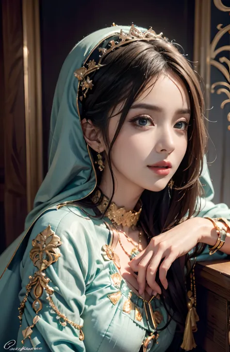 Islamic caftan dress princess outfit very Beautiful detailed face beauty European face portrait detailed sexy eyes hyper realistic super detailed Dynamic masterstroke
