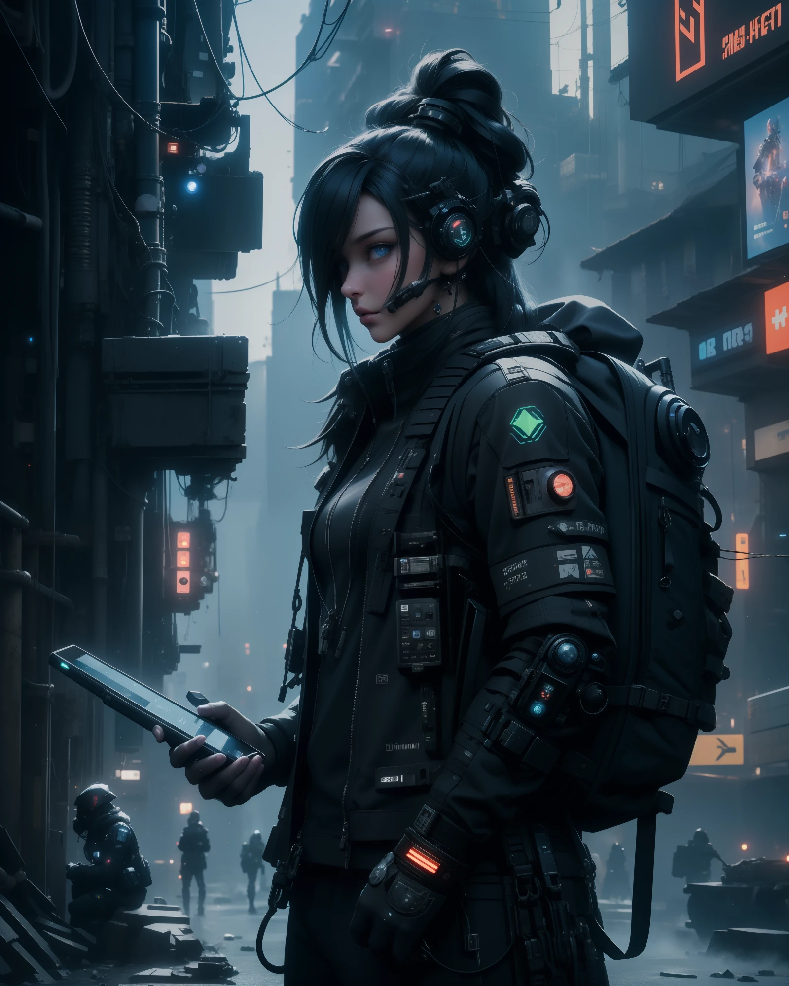 hyperrealistisch, unwirkliche Engine, 3D, (Mittlere Aufnahme), (Cyberpunk Army Signals Core), Cyberpunk-Meta-Gnom-Soldat mit High-Tech-Kommunikationsgeräten, (Cyberpunk Satellite Phone), (Lange Antenne aus Rucksack), (Halten) ein Scifi (Satellite Phone), Im holografischen Hyperraum-Metaversum 50 mm, Raytracing, UHD