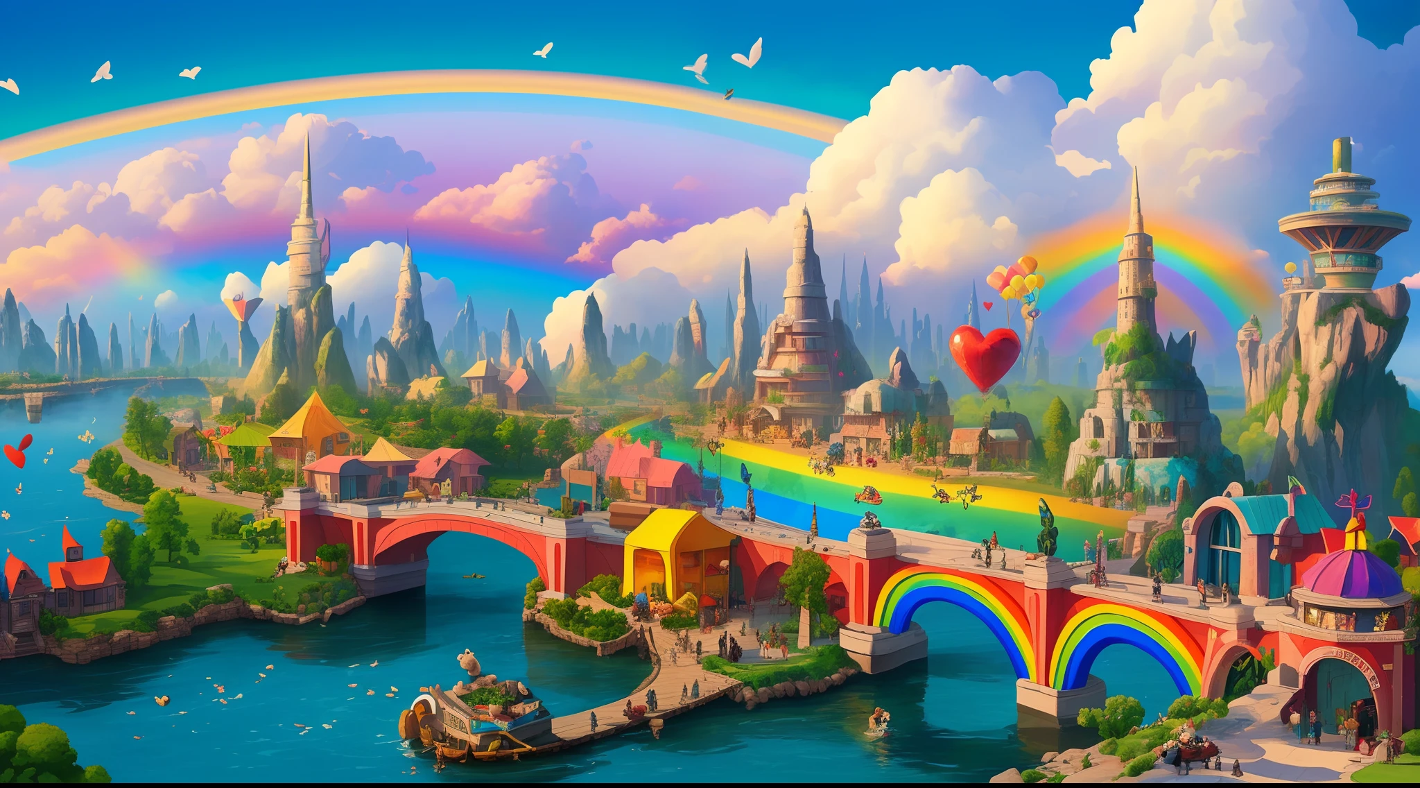 (masterpiece, high resolution, illustration:1.3), a whimsical cloud city, floating high above, (fluffy cotton candy clouds:1.2), a bustling town, (home to the CareBears:1.1), Care-a-Lot, (each bear unique and colorful:1.2), Tenderheart, Funshine, Cheer, (spread love and happiness:1.1), (rainbow bridges connecting clouds:1.2), a vibrant network, (caring missions underway:1.1), rainbow-colored hearts, (overlooking the cloud city:1.2), (peaceful and harmonious:1.1), children's dreams, joyful atmosphere, capturing the magic and love of the CareBears in their heavenly abode.