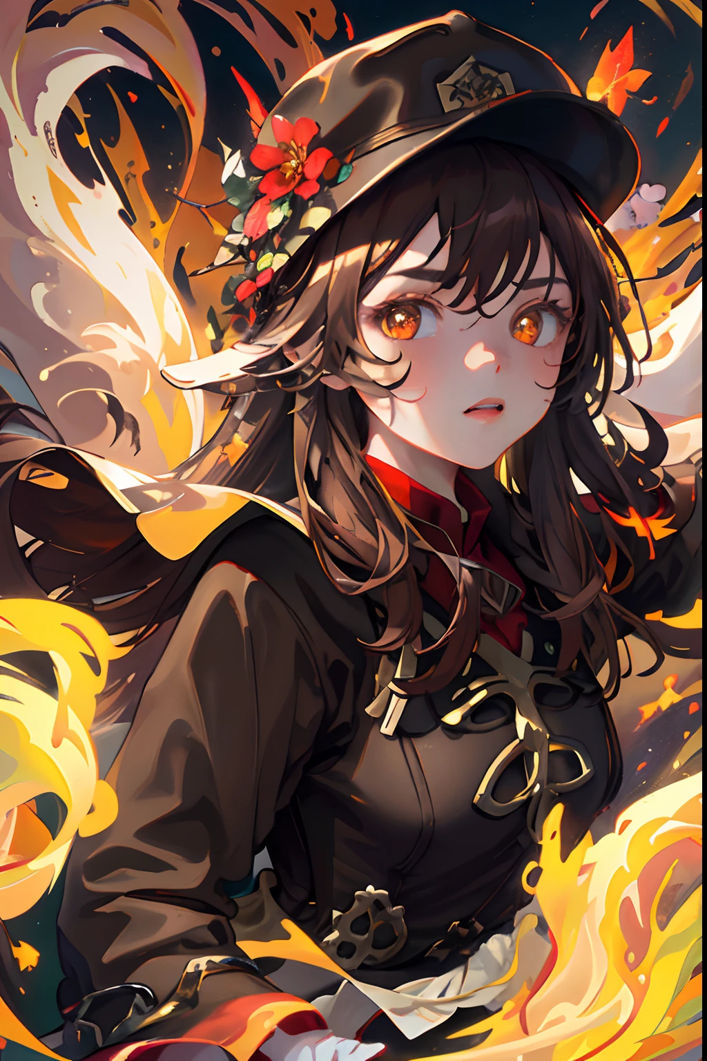 masterpiece, highest quality, realistic, subsurface scattering, chromatic lighting,

colorized, red + yellow + gold + black limited color palette, detailed concept drawing, line-art, illustration,

1 girl solo, brown jacket, brown shorts, white socks, long brown hair, bworn hat with red flowers, dynamic pose, glowing fire butterflies, glowing fire flowers