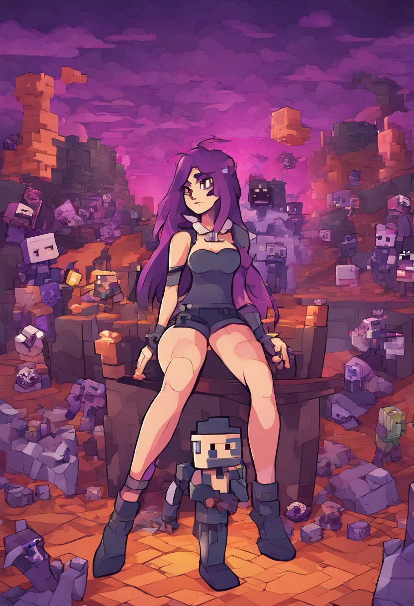 A cartoon image of a woman sitting on a chair in a minecraft world - SeaArt  AI