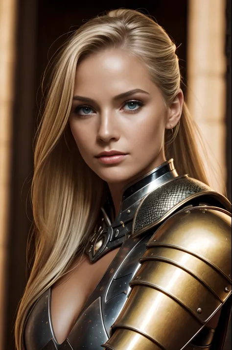 Realistic photo of a beautiful woman, (Noot Seear:1.0), (skin texture:1.1), (detailed eyes), blonde hair in a loose ponytail, (detailed face), (skin pores), (legs), (sexy fantasy warrior armor), metallic shine, on castle wall, facing the camera, (masterpie...
