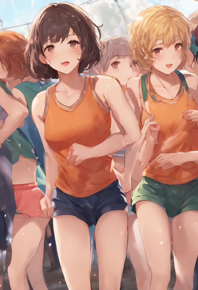 Anime girls in orange shirts and blue shorts are walking together - SeaArt  AI