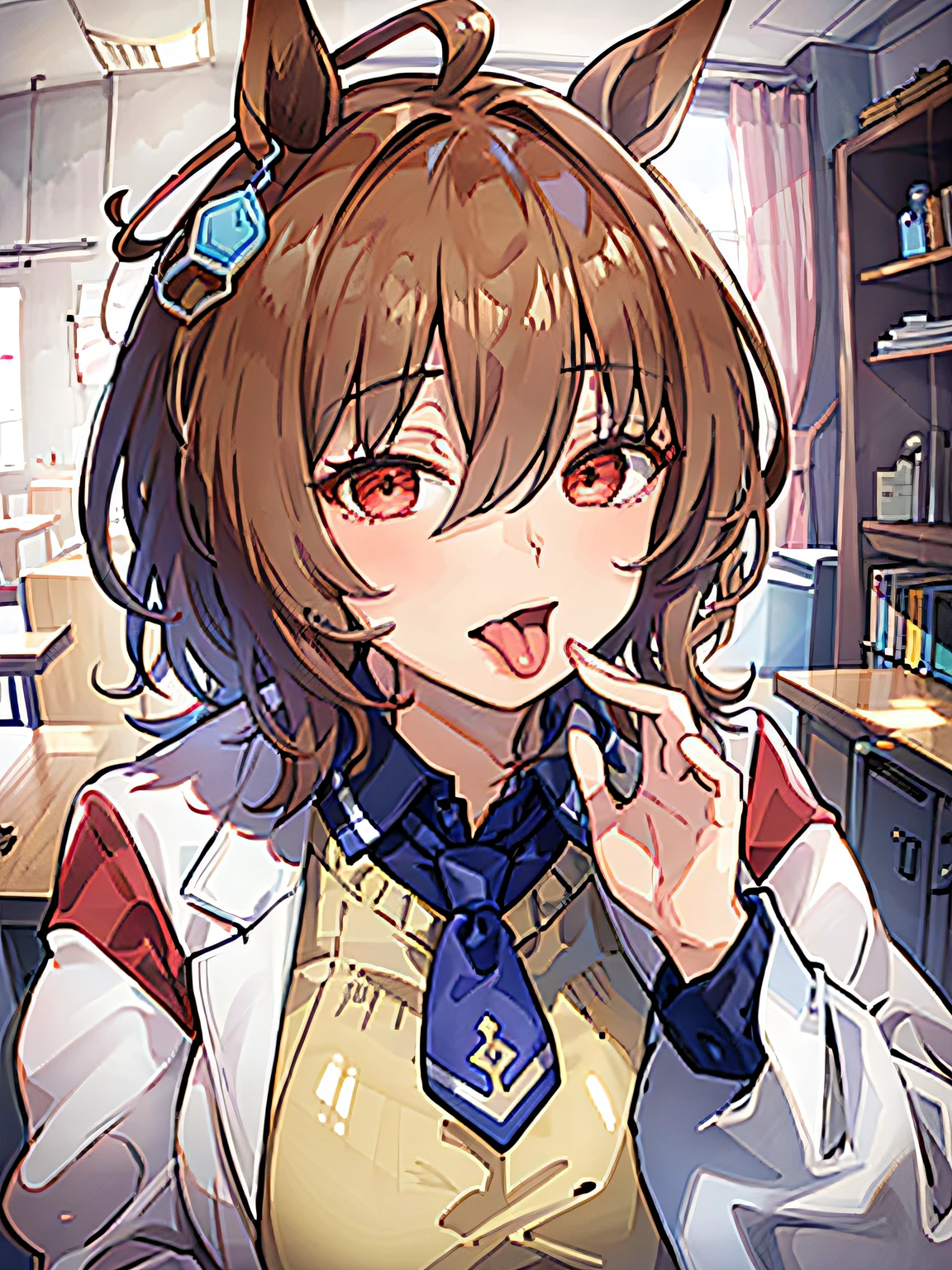 Agnes-Tachyon, umamusume, white Labcoat and yellow sweater, Crimson eyes, tie, (very huge breasts:1.2), (inside mouth:1.5), (open mouth loudly:1,7), (long cute tongue:1.5), upper-body, finger, (implied fellatio:1.4), handsign of handjob, pov, from avobe, real photo, 8K, BJ-FACE-POV
