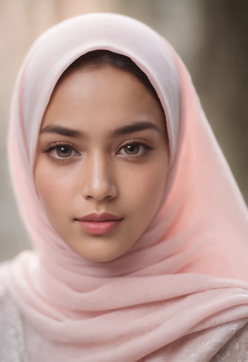 a photo portrait of a beautiful malay girl with hijab and few freckles, (plain pastel pink hijab), (medium shot portrait:1.3), dramatic light, Rembrandt lighting scheme, (hyperrealism:1.2), (8K UHD:1.2), (photorealistic:1.2), shot with Canon EOS 5D Mark IV, detailed face, detailed skin texture